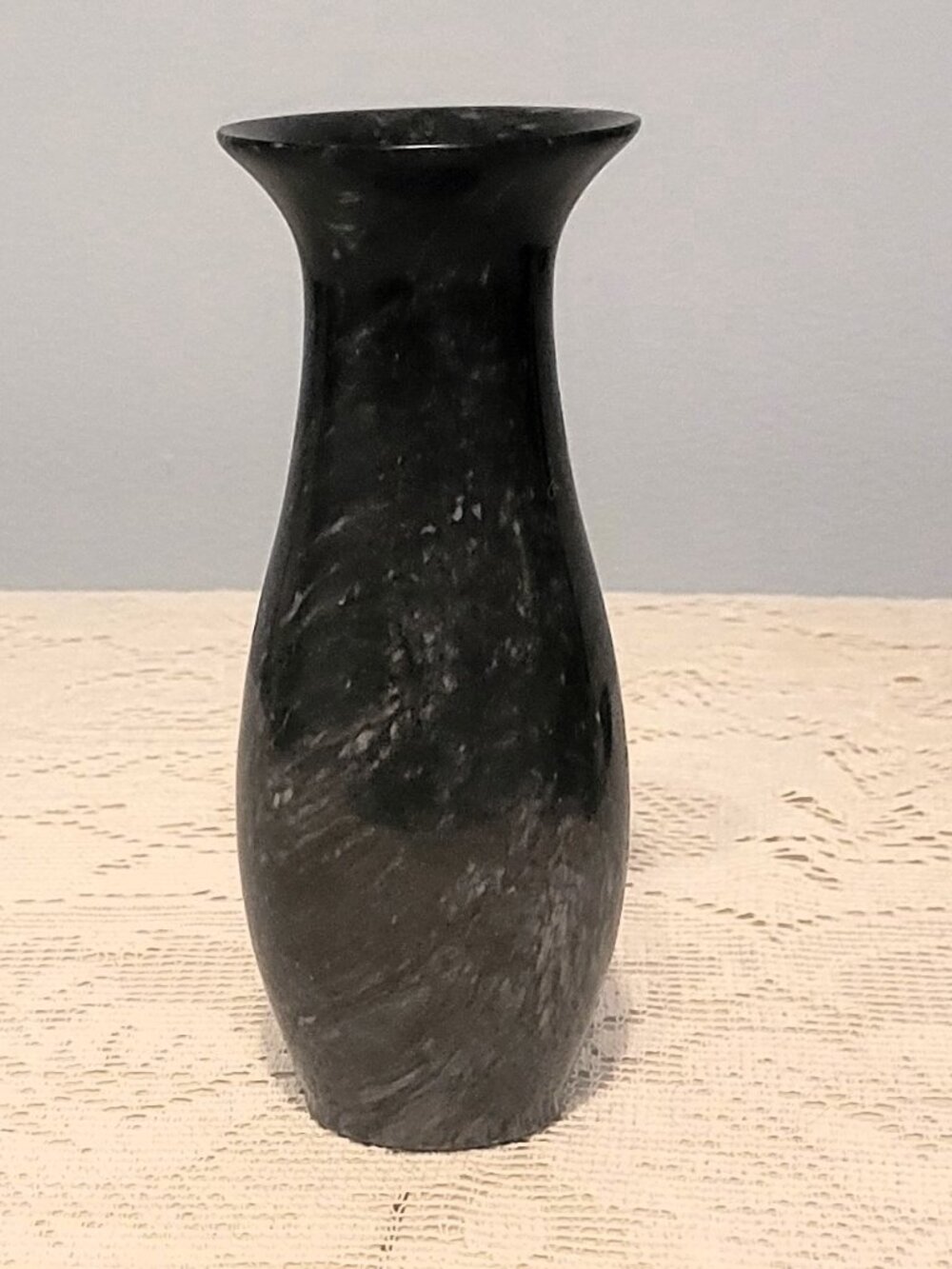 Vintage Black Marble Vase 7” Tall with White Veining & Faint Etched Details